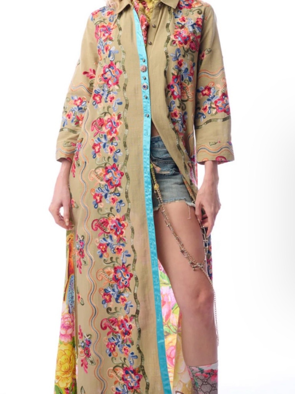 Aratta XS Beauty Mark Embroidered Peacock Duster – Olive Green $245 MSRP